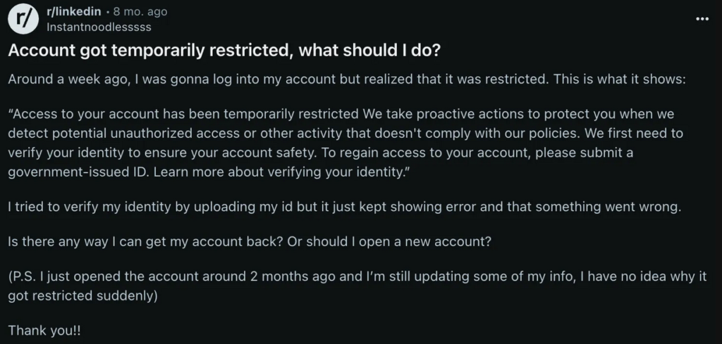 Reddit linkedin account restricted
